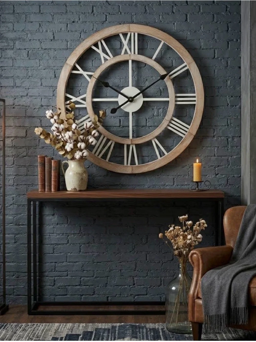 24”Large Rustic Wooden Wall Clock Silent Non-Ticking Farmhouse Decor Light Ivory